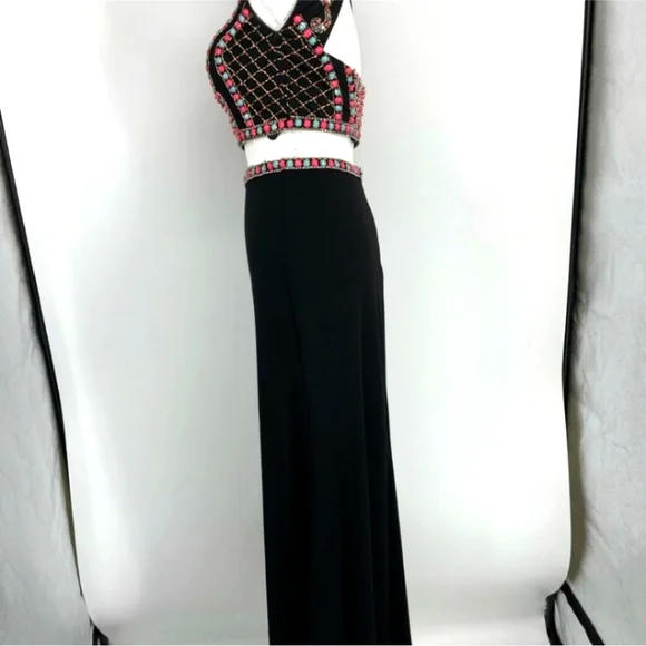 JOVANI 2-piece Black Beaded Mozaic Rhinestones Evening Gown Size 4 - Picture 6 of 14